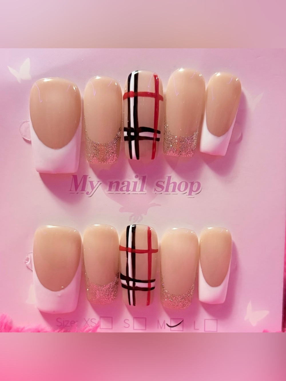 My Nail Shop Nude & Plaid Press-On Nail Set - Pink, Black & Red Accent
